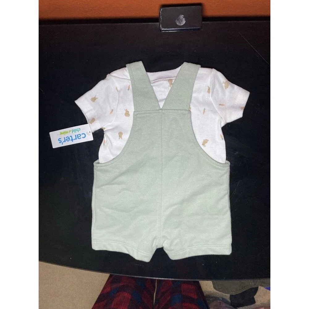 Carter's Child of Mine Baby Boy 2pc Easter Bunny Shortall Set Green Carrot 0-3M